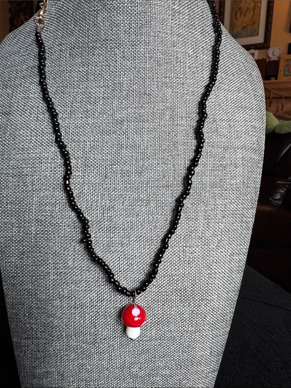 Hot Topic Black Beaded Necklace with Red and White Mushroom Charm